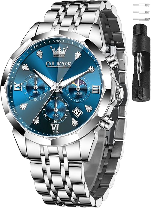 OLEVS Watches for Men Stainless Steel Dress Men Watch with Date Big Face Chronograph Waterproof Luxury Fashion Watch Blue/Black/Gold/Green/Silver Face Relojes para Hombres